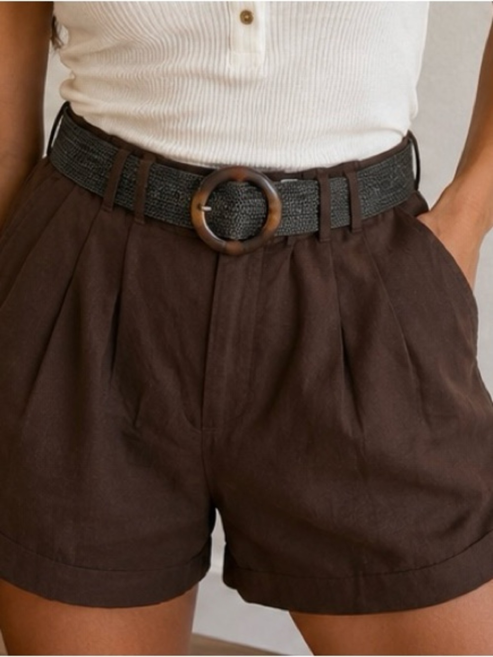 Nine West Black Woven Belt with Tortoiseshell Round Buckle